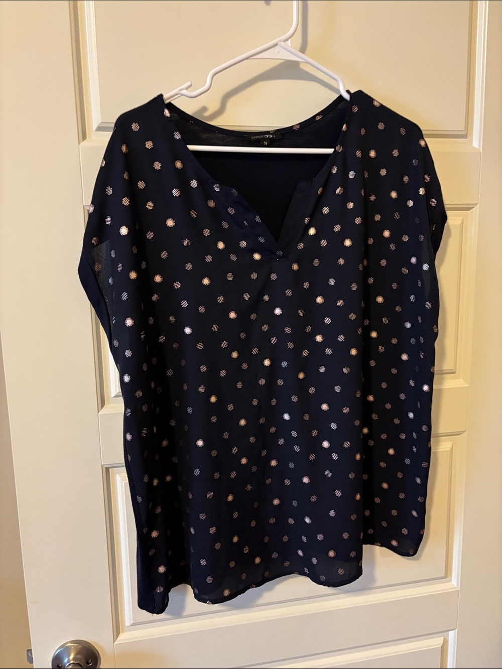 Papermoon Navy Dot V-Neck Blouse with Metallic Accents